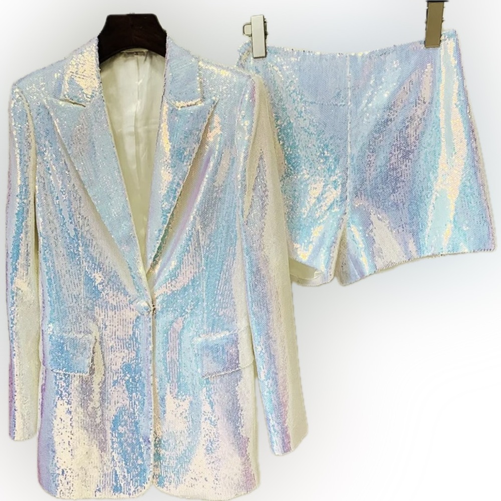 Iridescent Sequin Blazer & Shorts Set - White - Picture 3 of 5